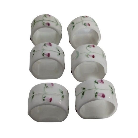 Floral Napkin Rings Set of‎ 6 White Porcelain Table Decor Dinner Party - Picture 1 of 9